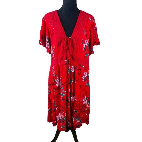 Torrid 5XL Red Floral Flutter Sleeve Lace Up Neck Dress midi sundress career - Picture 1 of 8
